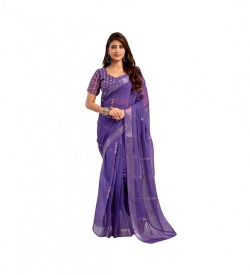 Generic Women's Linen Cotton Printed Ready To Wear Saree With Unstitched Blouse 5.5 Mtr (Purple)