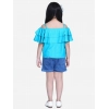 Generic Girl's Rayon Solid Cold Shoulder Top with Shorts (Blue)