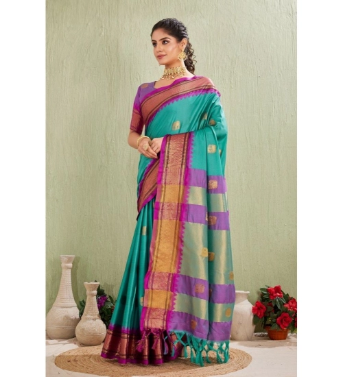 Generic Women's Silk Blended Jaquard Woven Saree With Unstitched Blouse 5.5Mtr (Light Blue)