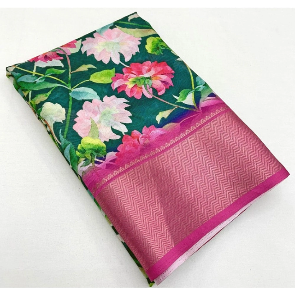 Women's Cotton Silk Floral Printed Saree With Unstitched Blouse 5.5Mtr (Green)