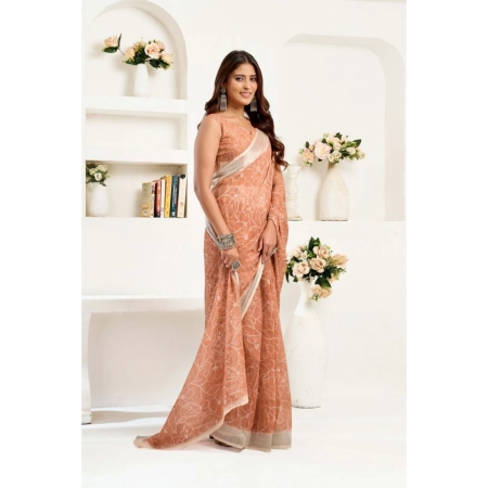Generic Women's Linen Cotton Printed Ready To Wear Saree With Unstitched Blouse 5.5 Mtr (Peach)