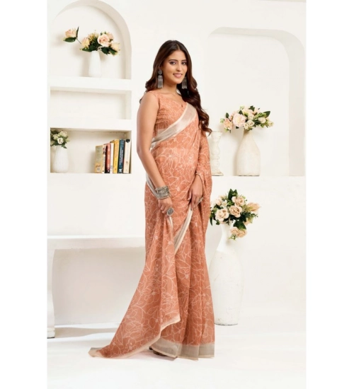 Generic Women's Linen Cotton Printed Ready To Wear Saree With Unstitched Blouse 5.5 Mtr (Peach)