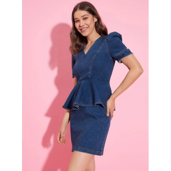 Generic Women's Denim Solid Puff Sleeves Dress (Blue) Generic Women's Denim Solid Puff Sleeves Dress (Blue)