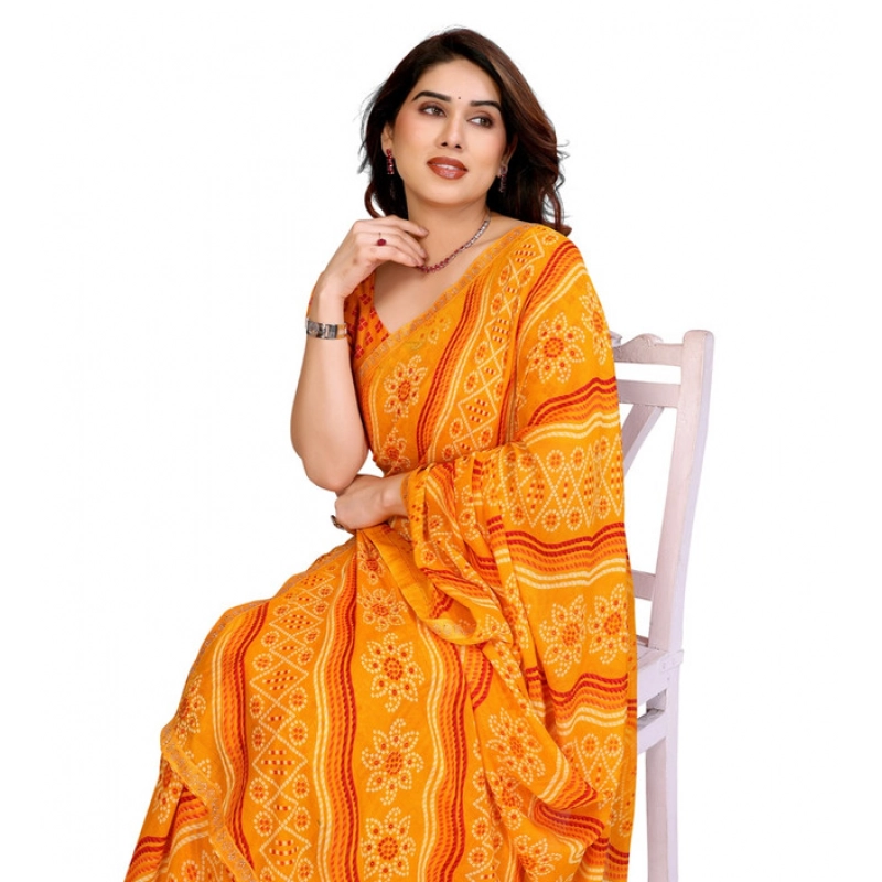 Women's Georgette Printed Saree With Unstitched Blouse 5.5Mtr (Yellow)