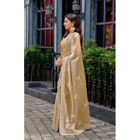 Generic Women's Faux Shimmer Floral Motifs Ready to wear Saree With Unstitched Blouse 5.5Mtr (Beige) Generic Women's Faux Shimmer Floral Motifs Ready to wear Saree With Unstitched Blouse 5.5Mtr (Beige)