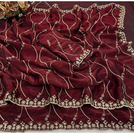 Generic Women's Slik Embellished Saree With Unstitched Blouse 5.5Mtr (Maroon)
