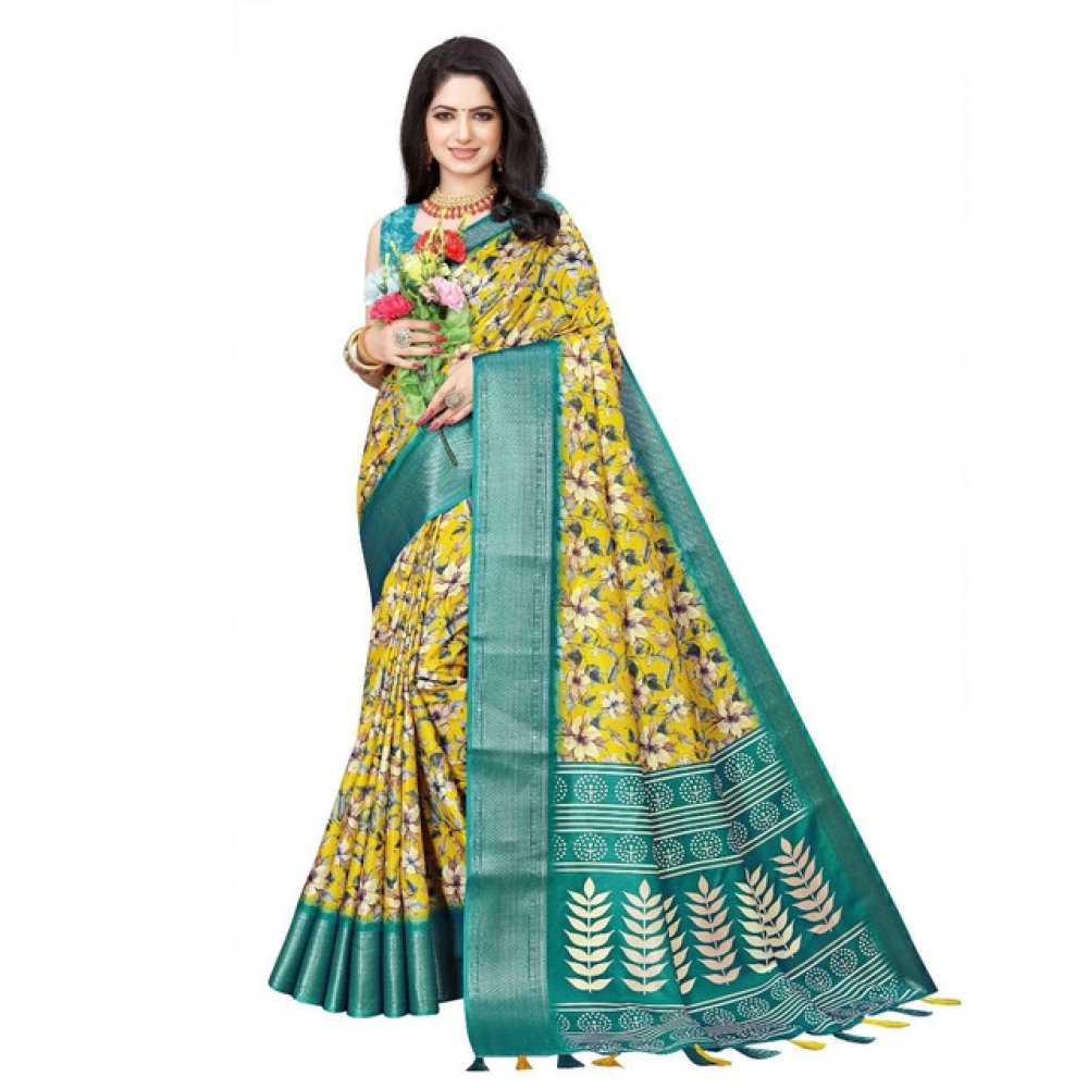 Women’s Cotton Silk Floral Printed Saree With Unstitched Blouse 5.5Mtr (Yellow)