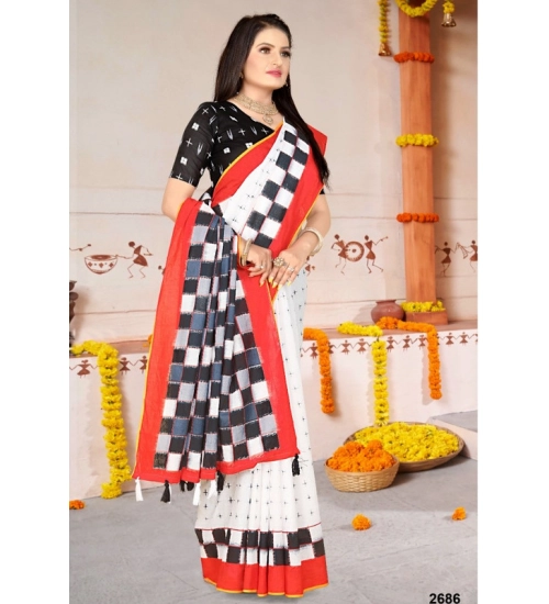 Generic Women's Soft Pure Cotton Printed Saree With Unstitched Blouse 5.5Mtr (White)