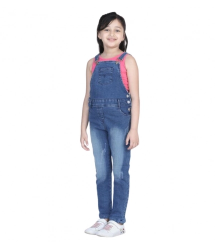 Generic Girl's Denim Washed Buttoned Dungaree (Blue)