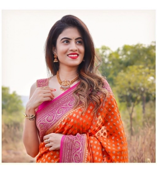 Generic Women's Soft Litchi Silk Jacquard Work Saree With Unstitched Blouse 5.5Mtr (Orange)