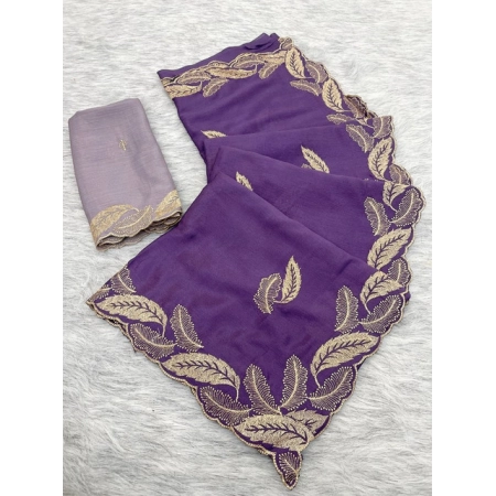 Generic Women's Chiffon Embroidered Saree With Unstitched Blouse 5.5Mtr (Purple)