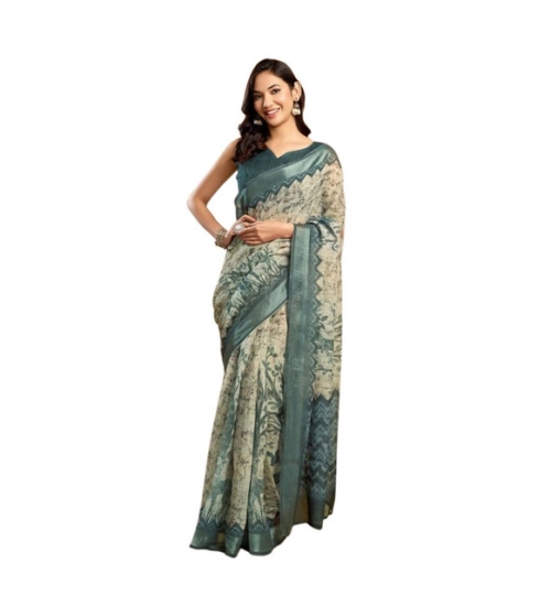 Generic Women's Faux_Linen Printed Ready-to-Wear Saree With Unstitched Blouse 5.5 Mtr (Light_Grey)