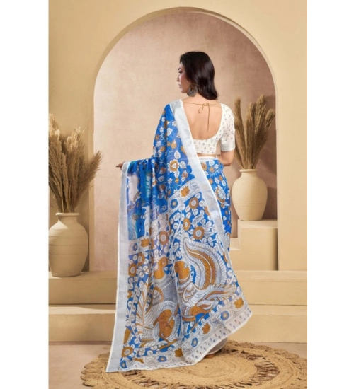 Generic Women's Faux_Linen Printed Ready-to-Wear Saree With Unstitched Blouse 5.5 Mtr (Blue)