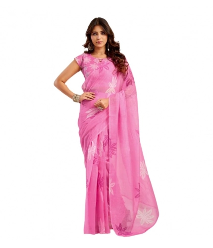 Generic Women's Faux Linen Floral Ready to wear Saree With Unstitched Blouse 5.5Mtr (Light_Pink)