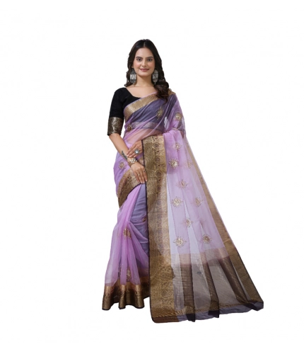 Generic Women's Organza jacquard Embellished Saree With Unstitched Blouse 5.5Mtr (Purple)