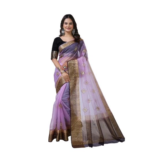 Generic Women's Organza jacquard Embellished Saree With Unstitched Blouse 5.5Mtr (Purple)
