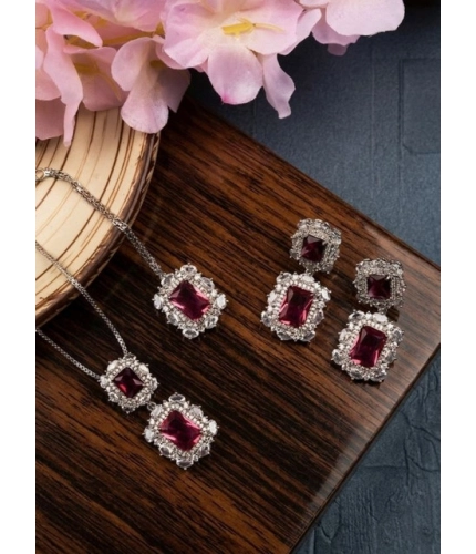 Generic Women's Brass Silver Plated Pendant Set (Red)