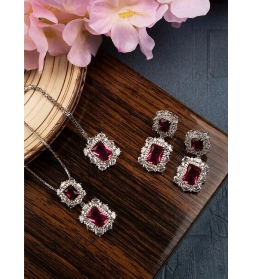 Generic Women's Brass Silver Plated Pendant Set (Red)
