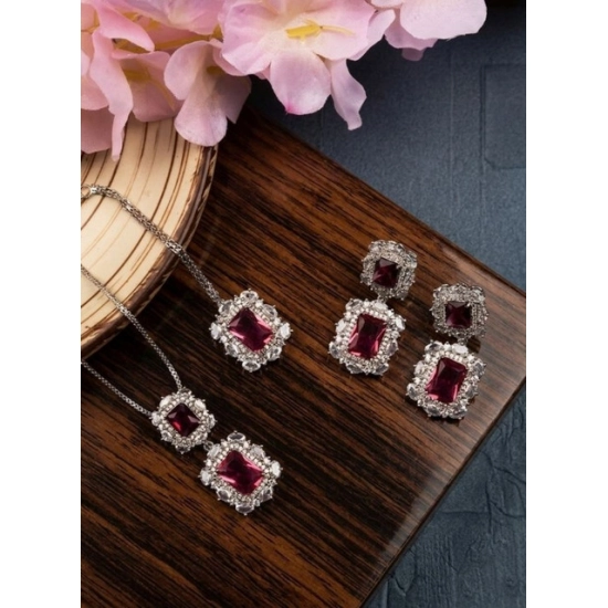 Generic Women's Brass Silver Plated Pendant Set (Red) Generic Women's Brass Silver Plated Pendant Set (Red)
