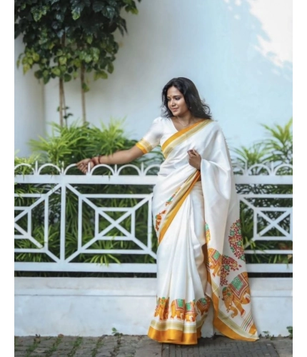 Generic Women's Linen Printed Saree With Unstitched Blouse 5.5Mtr (White)