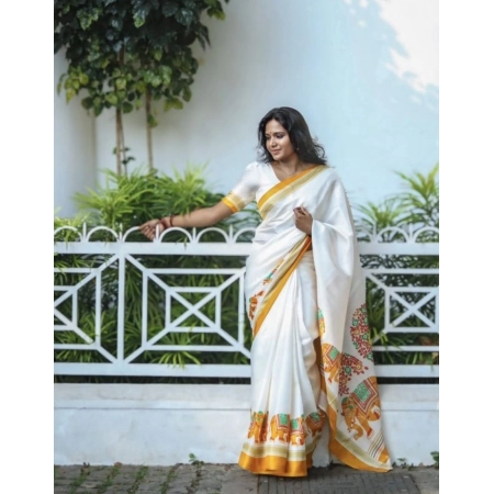 Generic Women's Linen Printed Saree With Unstitched Blouse 5.5Mtr (White)