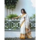 Generic Women's Linen Printed Saree With Unstitched Blouse 5.5Mtr (White)