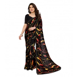 Generic Women's Georgette Printed Saree With Unstitched Blouse 5.5Mtr (Black)