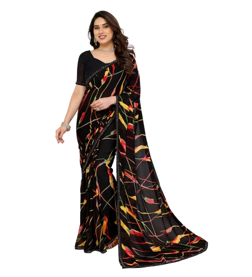 Generic Women's Georgette Printed Saree With Unstitched Blouse 5.5Mtr (Black)