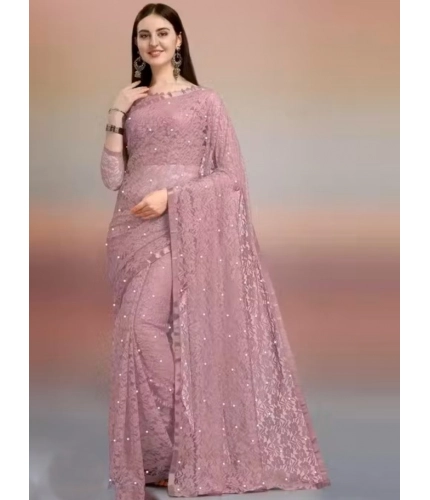 Generic Women's Net Self Design Saree With Unstitched Blouse 5.5Mtr (Light Brown)
