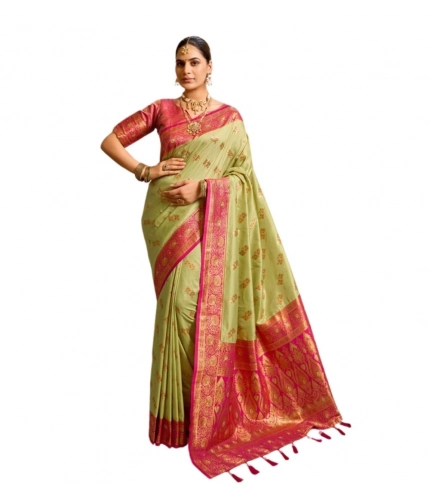 Generic Women's Silk Blend Booti Work Ready to wear Saree With Unstitched Blouse 5.5Mtr (Green)
