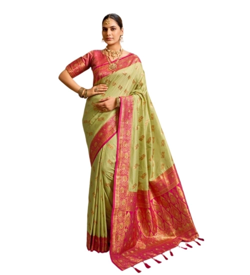 Generic Women's Silk Blend Booti Work Ready to wear Saree With Unstitched Blouse 5.5Mtr (Green)
