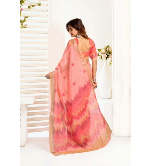 Generic Women's Linen Cotton Printed Ready To Wear With Pocket Saree With Unstitched Blouse 5.5 Mtr (Peach)