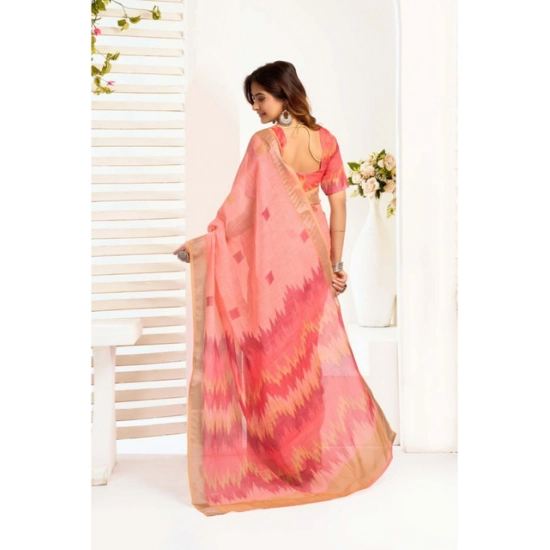 Generic Women's Linen Cotton Printed Ready To Wear With Pocket Saree With Unstitched Blouse 5.5 Mtr (Peach)