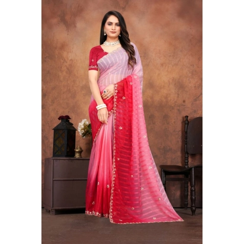 Women's Chiffon Embroidred Saree With Unstitched Blouse 5.5Mtr (Pink)