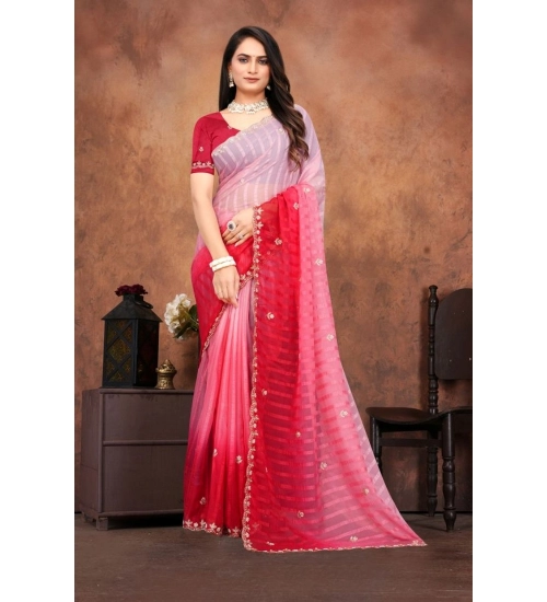 Generic Women's Chiffon Embroidred Saree With Unstitched Blouse 5.5Mtr (Pink)