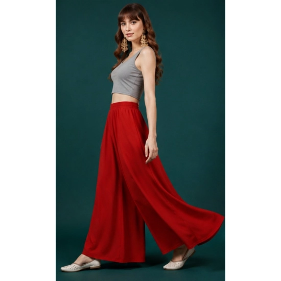 Generic Women's Georgette Solid Mid-Rise Wide Leg Flared Palazzo Pants with Elastic Waist (Red) Generic Women's Georgette Solid Mid-Rise Wide Leg Flared Palazzo Pants with Elastic Waist (Red)