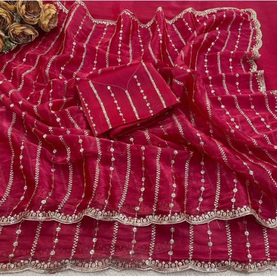 Generic Women's Slik Embellished Saree With Unstitched Blouse 5.5Mtr (Pink)