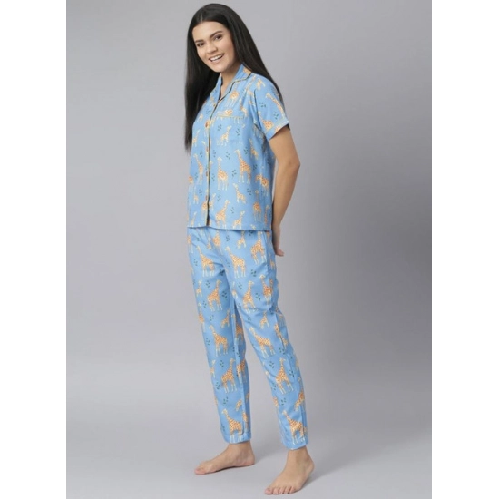 Generic Women's Cotton Blend Printed Short Sleeve Night Suit (Blue)