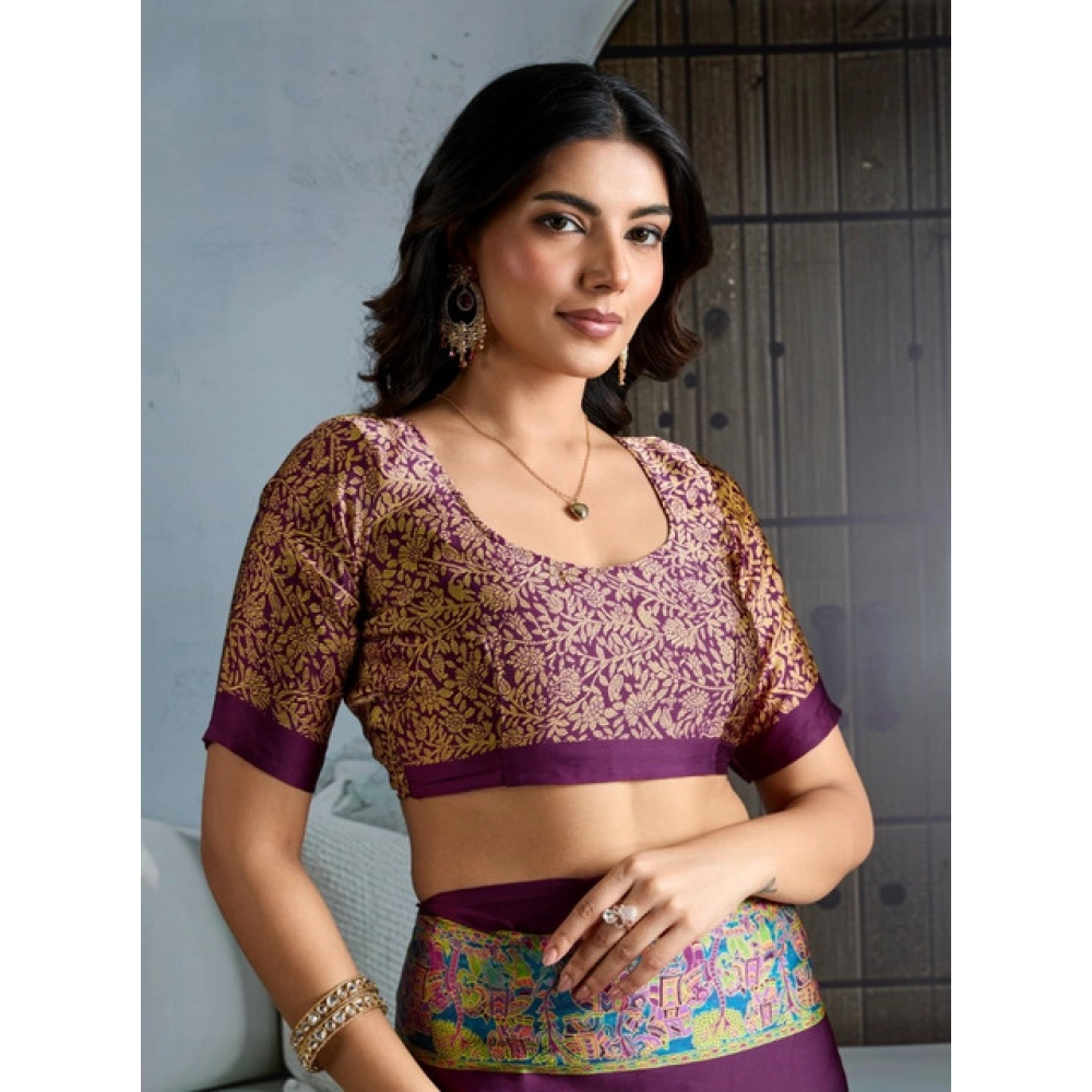 Generic Women's Satin Crepe Printed Saree With Unstitched Blouse 5.5Mtr (Purple) Generic Women's Satin Crepe Printed Saree With Unstitched Blouse 5.5Mtr (Purple)