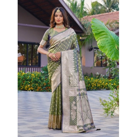 Generic Women's Jacquard Printed Saree With Unstitched Blouse 5.5Mtr (Olive Green)