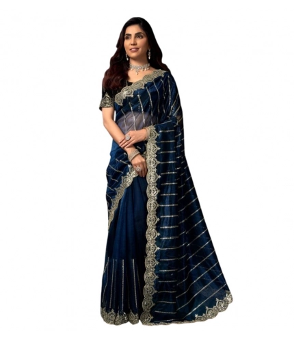 Generic Women's Net Sequence Saree With Unstitched Blouse 5.5Mtr (Blue)
