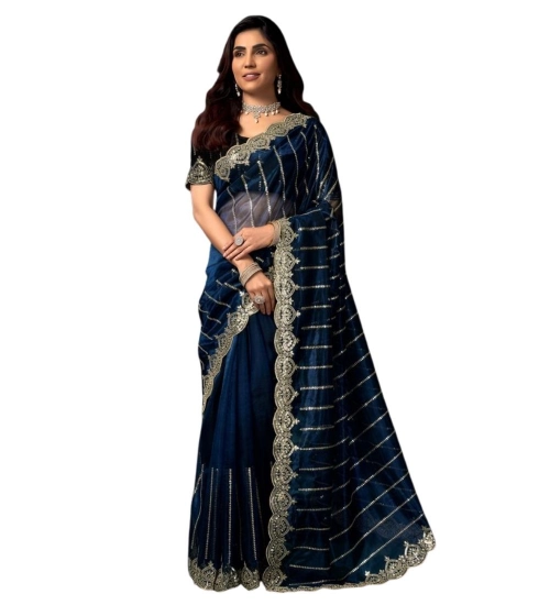 Generic Women's Net Sequence Saree With Unstitched Blouse 5.5Mtr (Blue)