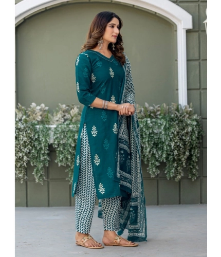 Generic Women's Cotton Blend Printed Kurti With Pant Dupatta Set (Morpichh)