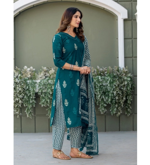 Generic Women's Cotton Blend Printed Kurti With Pant Dupatta Set (Morpichh)