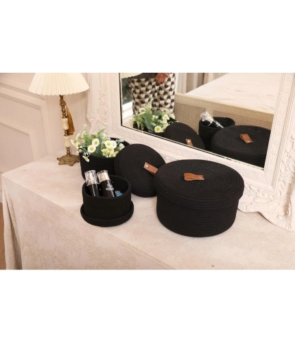 Generic Cotton 3 Pcs Set Roti Box Storage Basket With Lid (Black)