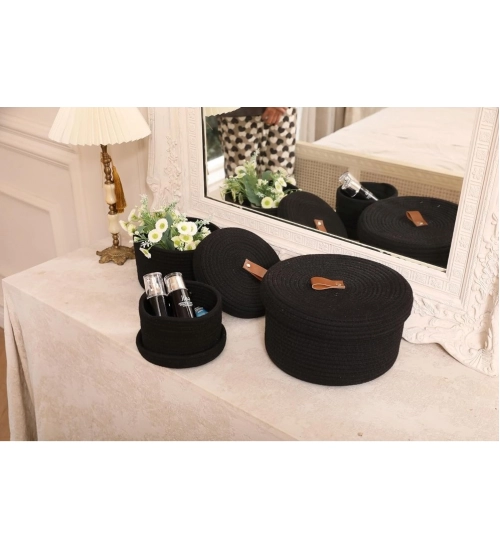 Generic Cotton 3 Pcs Set Roti Box Storage Basket With Lid (Black)