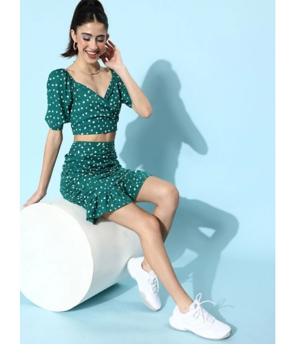 Generic Women's Polyester Floral Short Sleeve Co-Ord Set (Green)