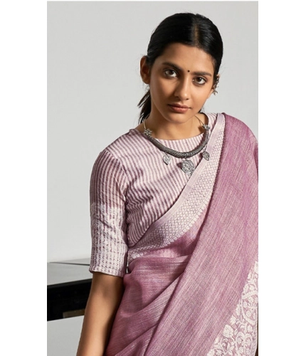 Generic Women's Linen Printed Saree With Unstitched Blouse 5.5Mtr (Purple)