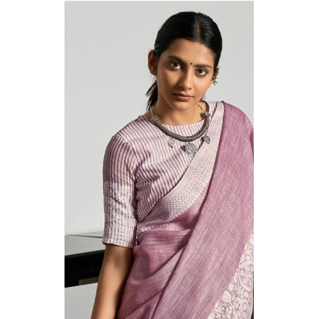 Generic Women's Linen Printed Saree With Unstitched Blouse 5.5Mtr (Purple)