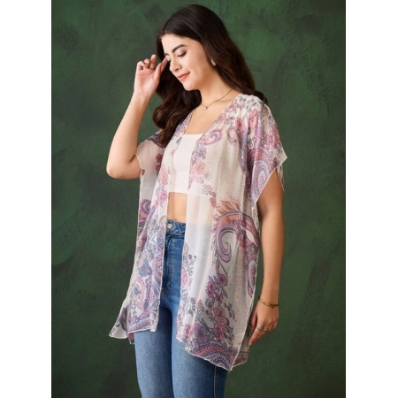 Generic Women's Chiffon Printed Short Sleeves Shrug (White - Purple)